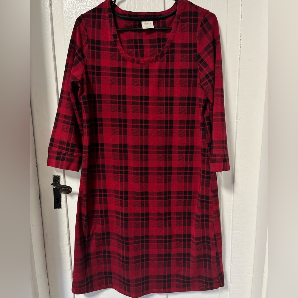 Soma Embraceable Holiday Red & Black Plaid long sleeve sleep shirts size large